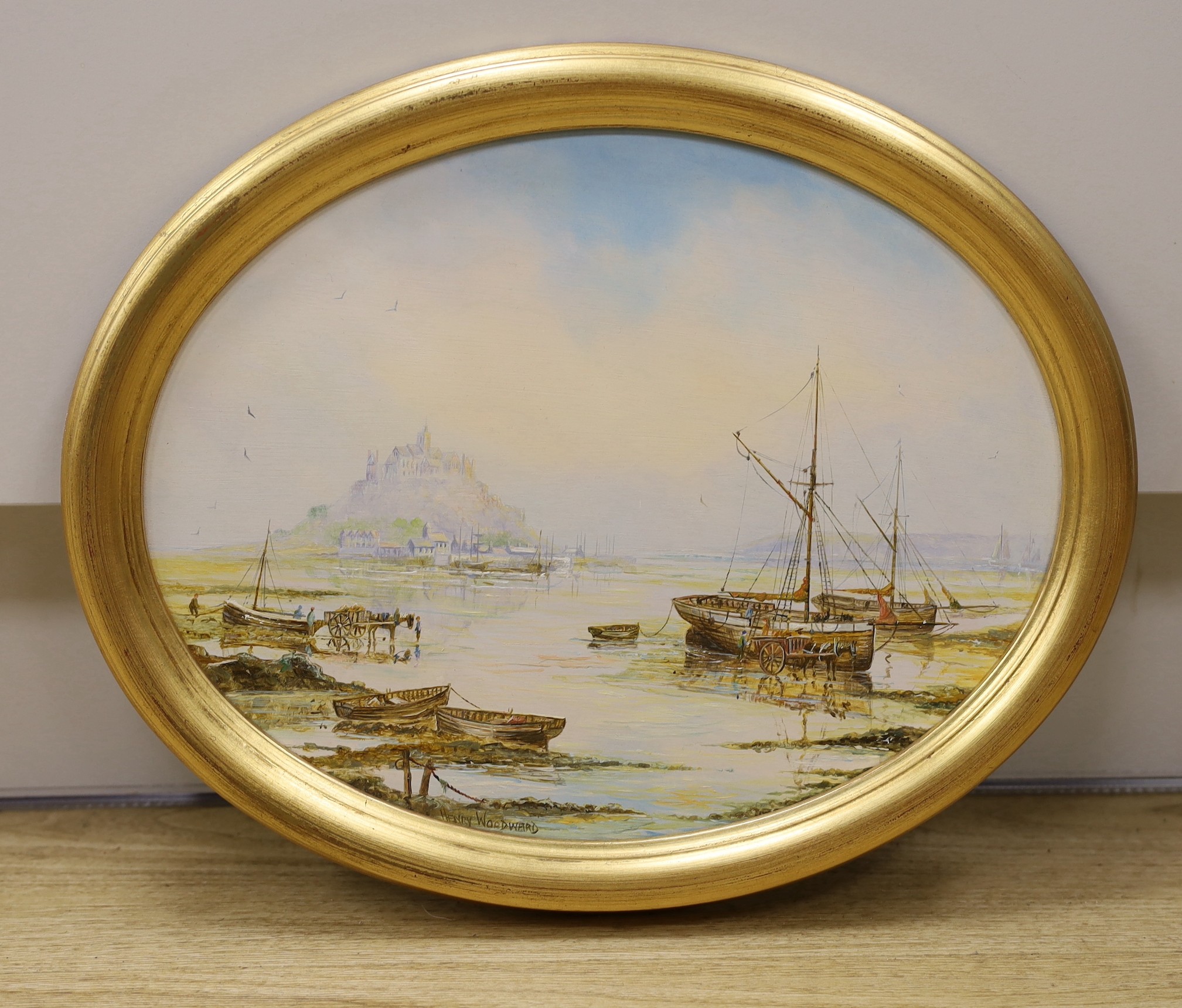 Henry Woodward, oil on board, 'St Michaels Mount, Cornwall', signed, oval, 27 x 34cm